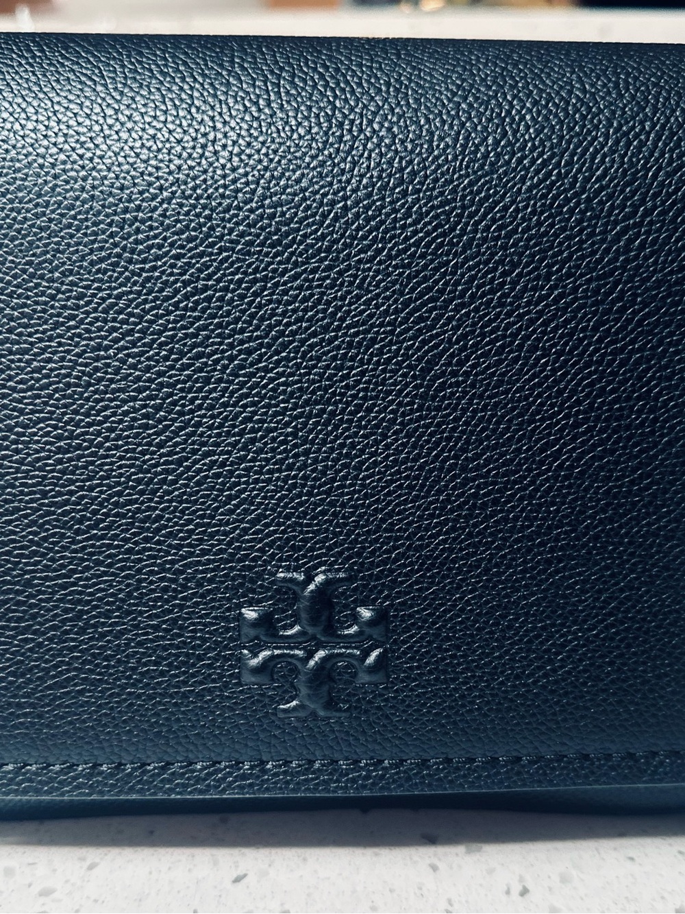 Tory Burch Black Pebbled Leather Wallet with Embossed Logo